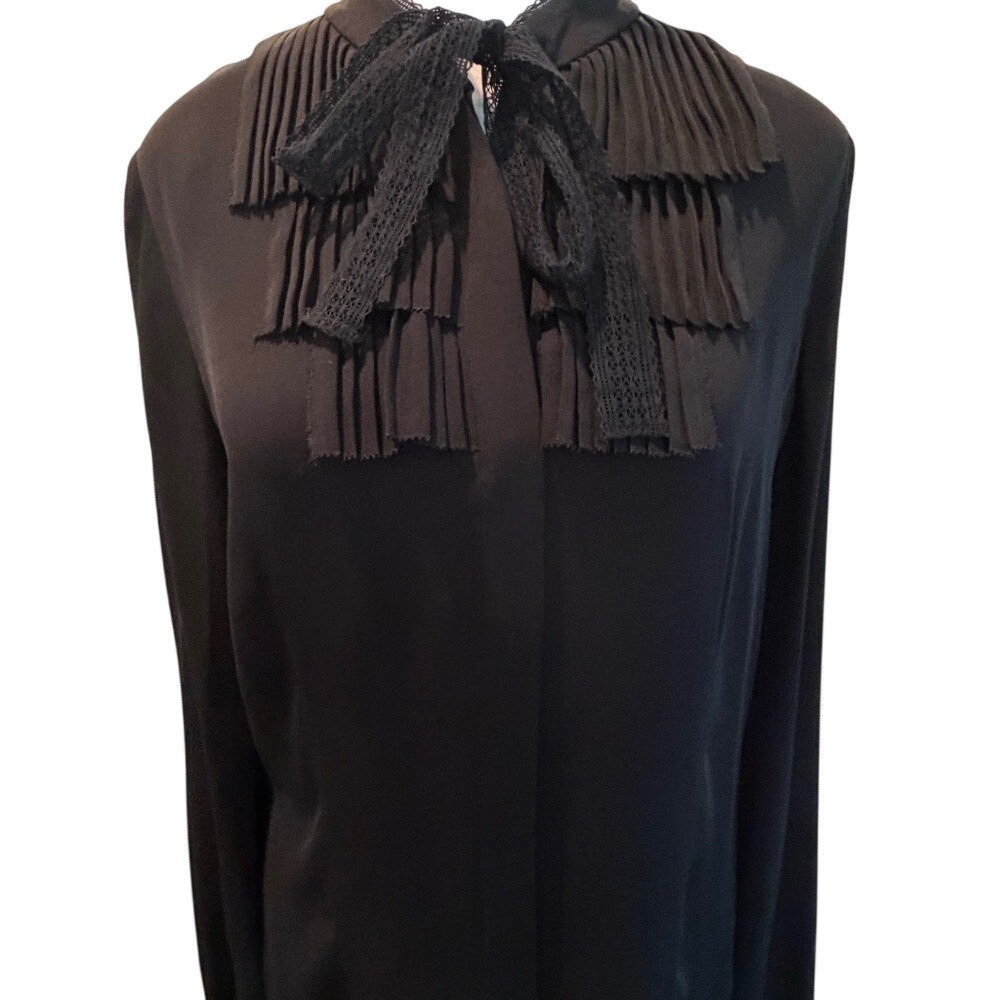Elie Tahari Black‎ Chiffon Ruffled High Collar Long Sleeve Blouse Women's Small